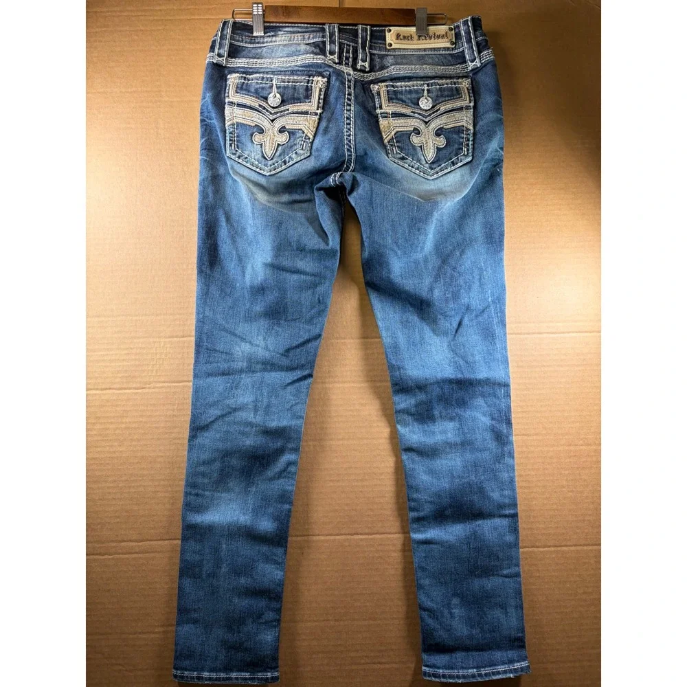 Rock Revival Jeans Womens 30 Blue Yana Easy Ankle Skinny Embroidered Low Rise